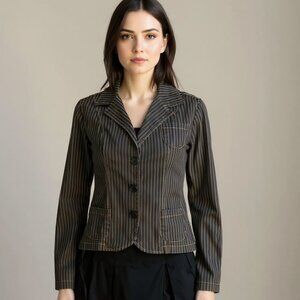 Serious Clothing Gothic Y2K Green Striped Stretch Fitted Blazer